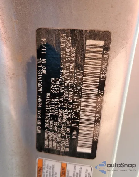 2015 Subaru Brz Premium from USA, damaged, VIN JF1ZCAB1XF9603607